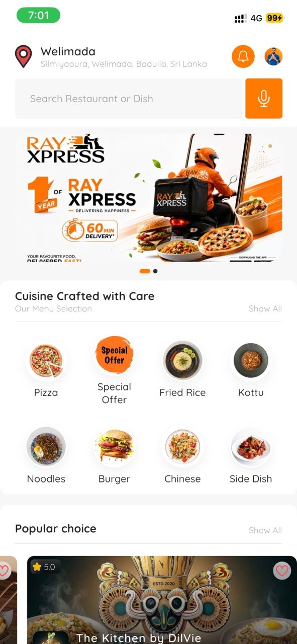 RayXpress app home and food categories